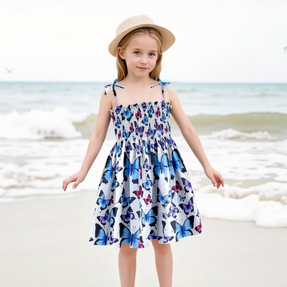Summer Dress Baby Girls' Floral Print Strappy Dress Lightweight Summer Dress With Adjustable Ties For Beach & Casual Outfits Fluffy Hawaiian Dresses