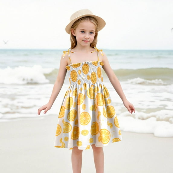 Summer Dress Baby Girls' Floral Print Strappy Dress Lightweight Summer Dress With Adjustable Ties For Beach & Casual Outfits Fluffy Hawaiian Dresses