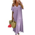 thumbnail image 1 of Summer Dress, Casual Linen V Neck Short Sleeves Loose Long Maxi Swing Dress Plus Size Beach Wedding Guest Vacation Midi Sundress Green Maxi Dresses For Seniors Dresses (XL, Purple) ZMTing, 1 of 5