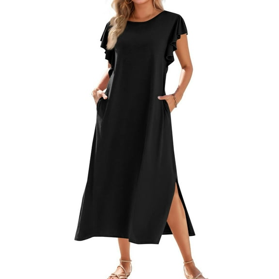 Summer Dress, Casual Pleated Sleeves Loose Fit Round Neck Slit Beach Sundress Party Vacation Long Flowy Maxi Dress With Pockets Sundresses For Women Prom 2025 Dresses Work (XXL, Black) ZMTing