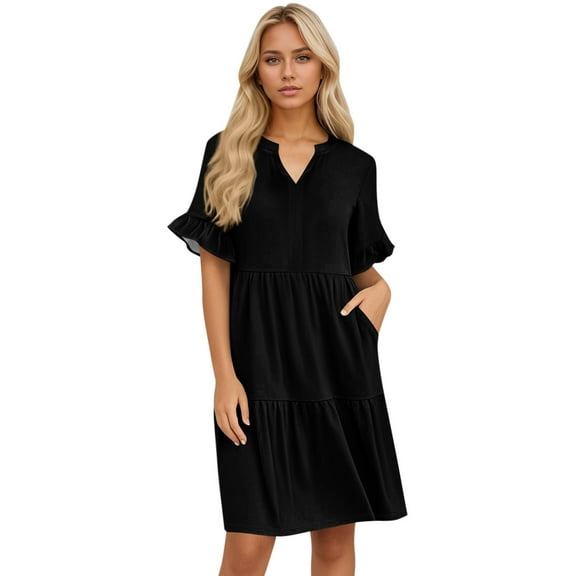 Summer Dress, Casual Ruffles Short Sleeve V Neck Boho Beach Dress Loose Vacation Party With Pockets Dress Socks Women Athletic Pull Down Shorts Women'S Dresses Maxi (XL, Black) ZMTing