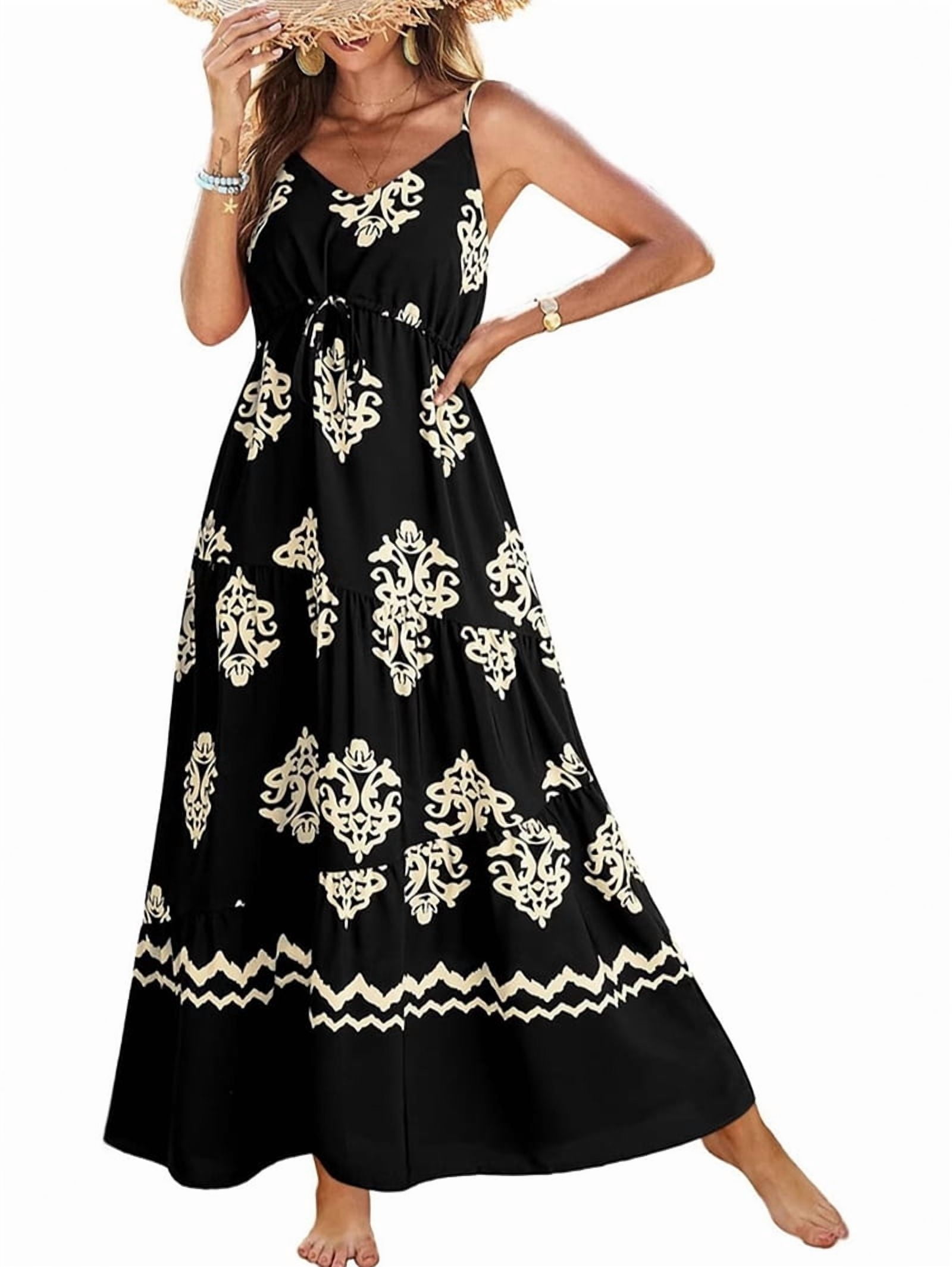 Summer Dress Casual Womens Boho Dress Sleeveless Printed Long Tiered Maxi Dress Beach Dress Black M