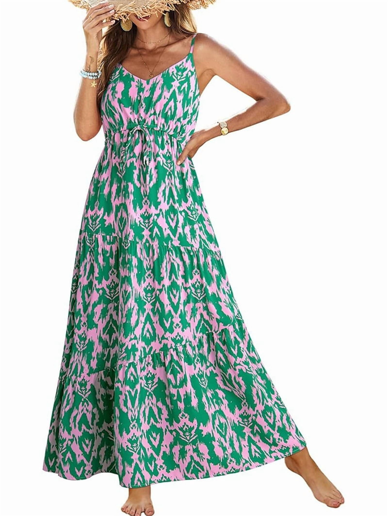 Summer Dress Casual Womens Boho Dress Sleeveless Printed Long Tiered Maxi Dress Beach Dress 2025 Green L