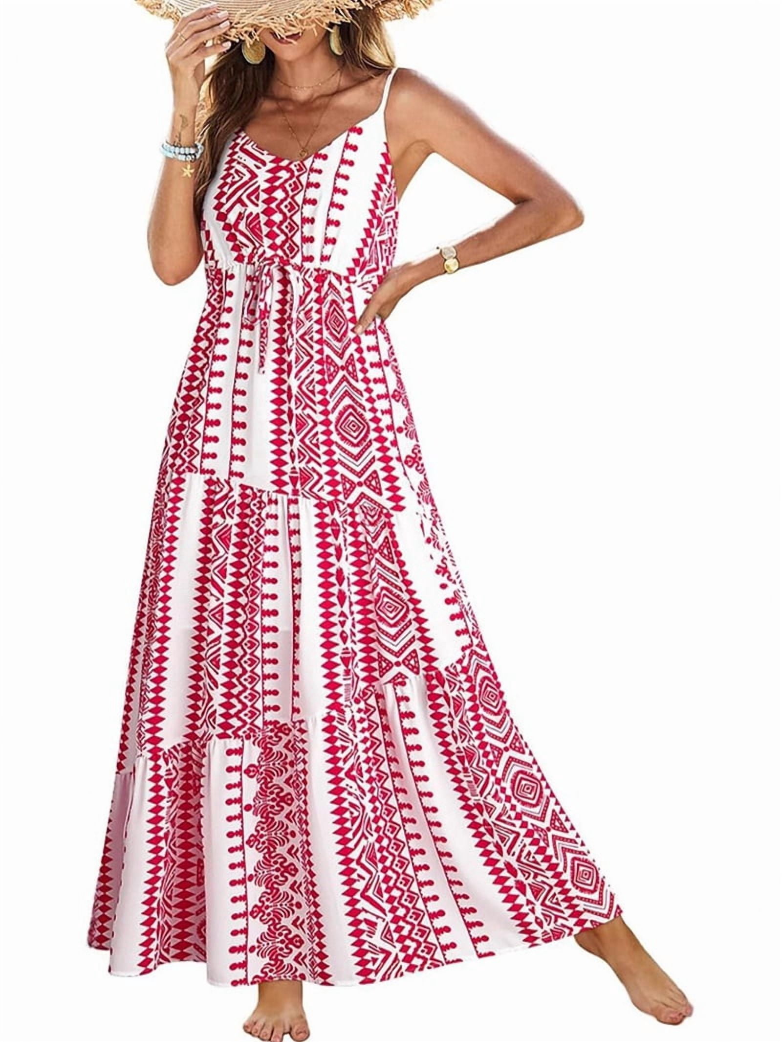 Summer Dress Casual Womens Boho Dress Sleeveless Printed Long Tiered Maxi Dress Beach Dress Red S
