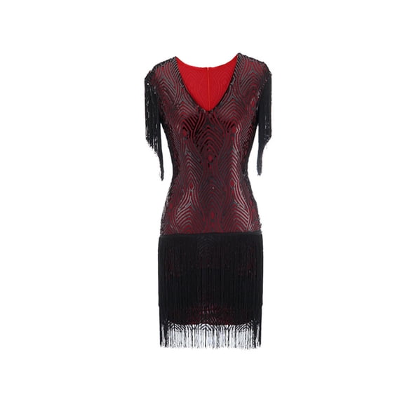 Summer Dress For Women 1920s Vintage Flapper Great Gatsby Fringe Beaded Dresses Prom Cocktail Prom Sequin Tassels Size S-3XL,Black And Red,M