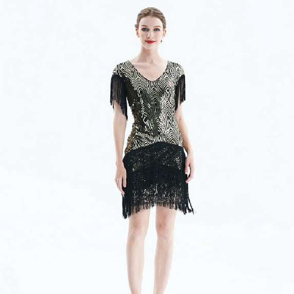 Summer Dress For Women 1920s Vintage Flapper Great Gatsby Fringe Beaded Dresses Prom Cocktail Prom Sequin Tassels Size S-3XL,Golden,XXXL