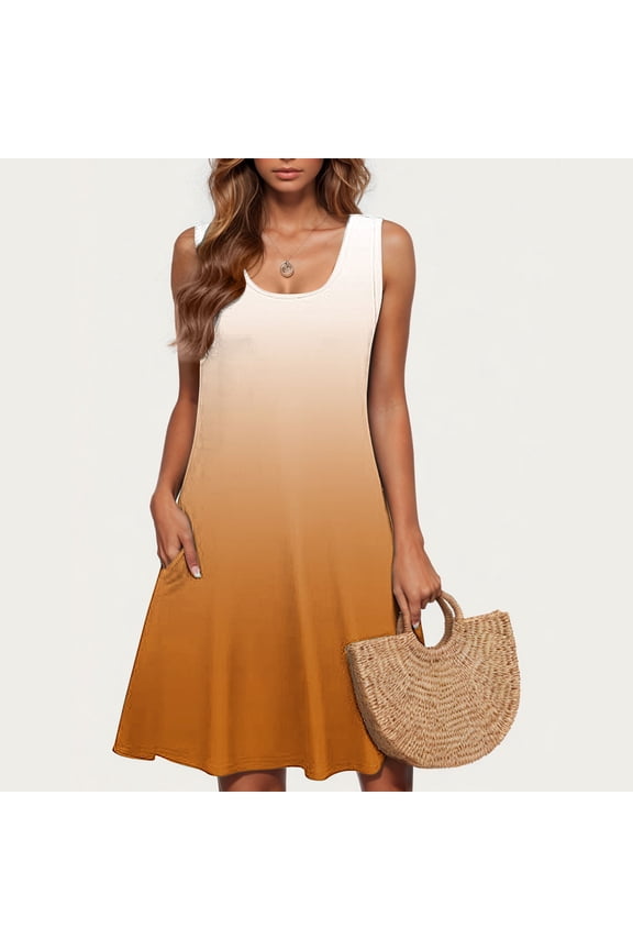 Summer Dress For Women Ladies' Fashion Trend Print Sleeveless Round Neck Knee Length Skirt Orange M