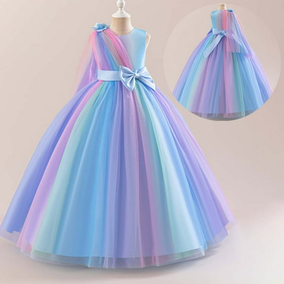 Summer Dress Girls' Gradient Rainbow Long Sleeve Party Dress With 3D Floral Appliques Elegant Pageant Gown For Birthday & Dance Celebration Casual Sundress