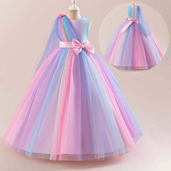 Summer Dress Girls' Gradient Rainbow Long Sleeve Party Dress With 3D Floral Appliques Elegant Pageant Gown For Birthday & Dance Celebration Fluffy Hawaiian Dresses