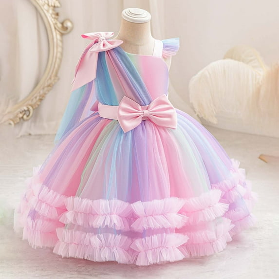 Summer Dress Girls' Rainbow Princess Tutu Dress With Net Skirt Flower Girl Birthday Party Dress For Toddler & Kids Fluffy Hawaiian Dresses