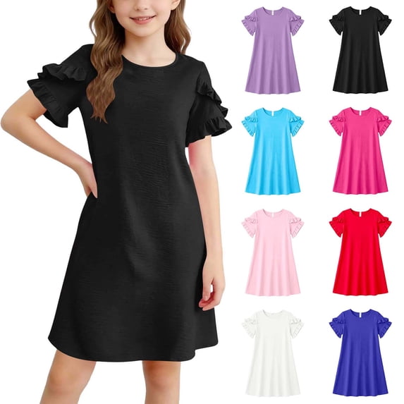 Summer Dress Girls Ruffled Short Sleeve A Line Dresses Girls Black Dress Girls Party Dresses, Szie 5-15 Years