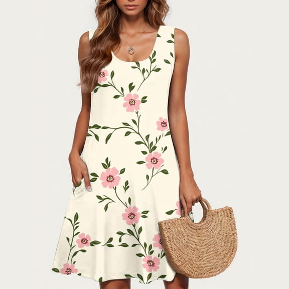 Summer Dress Ladies' Fashion Trend Floral Print Sleeveless Round Neck Knee Length Skirt B Multicolor XXL