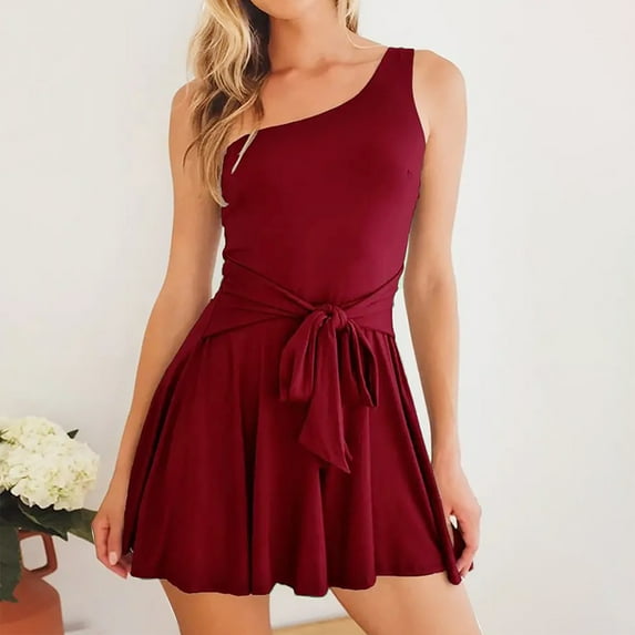 Summer Dress Look Rompers for Women Casual Tie Front One Shoulder Short Jumpsuit Ruffle High Waist Slimming Playsuit, Wine, XL
