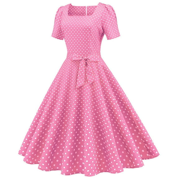 Summer Dress Saving! Dresses for Women A Line Flare BowKnot Prom Swing Short Sleeve Polka Dot Printing Party Dress Pink S