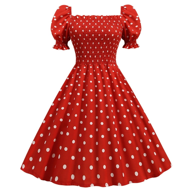 Summer Dress Saving! Dresses for Women A Line Flare Vintage Prom Swing  Short Sleeve Polka Dot Printing Party Dress Red M - Walmart.com