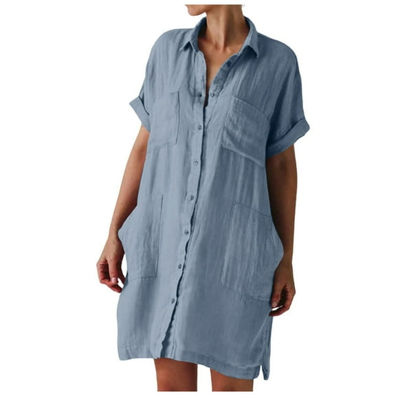 Summer Dress Saving! Dresses for Women Button Shirt Dress Loose Turndown Collar Short Sleeve Dresses with Pockets Blue 4XL