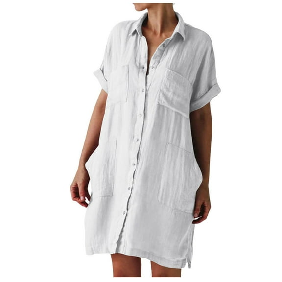 Summer Dress Saving! Dresses for Women Button Shirt Dress Loose Turndown Collar Short Sleeve Dresses with Pockets White M