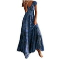 thumbnail image 1 of Summer Dress Saving! Dresses for Women Chiffon Summer Casual Print V-Neck Short Sleeve Long Dress Blue L, 1 of 5