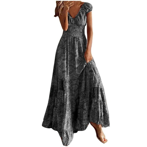 Summer Dress Saving! Dresses for Women Chiffon Summer Casual Print V-Neck Short Sleeve Long Dress Gray L