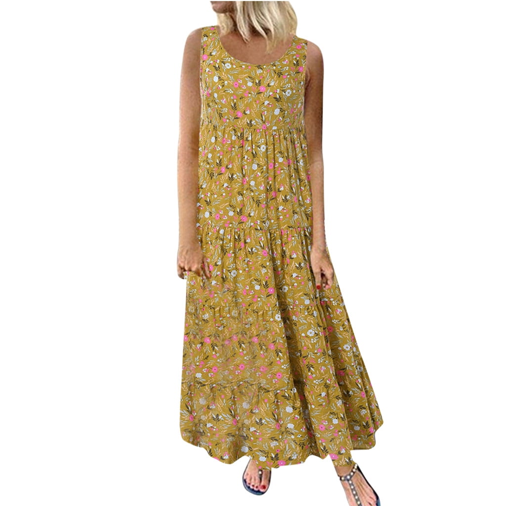 Summer Dress Saving! Dresses for Women Plus Size Casual Loose Sleeveless  Floral Daily Linen Print Long Maxi Dress Yellow 3XL - Walmart.com