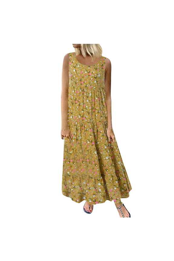 Summer Dress Saving! Dresses for Women Plus Size Casual Loose Sleeveless Floral Daily Linen Print Long Maxi Dress Yellow 3XL