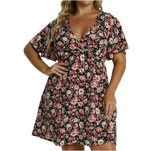 Summer Dress Saving! Dresses for Women Plus Size Short Sleeve V Neck Printed Sleeve Dresses Loose Dress Hot Pink XXL
