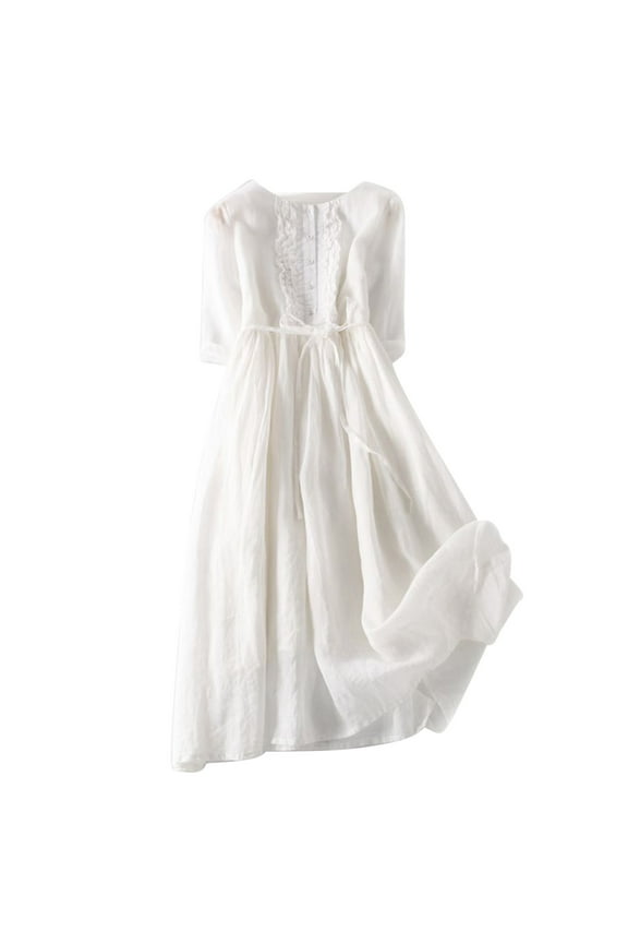 Summer Dress Saving! Dresses for Women Plus Size Vintage Lace-up Dress Seven-point Sleeve Long Cotton Hemp Skirt White XXL