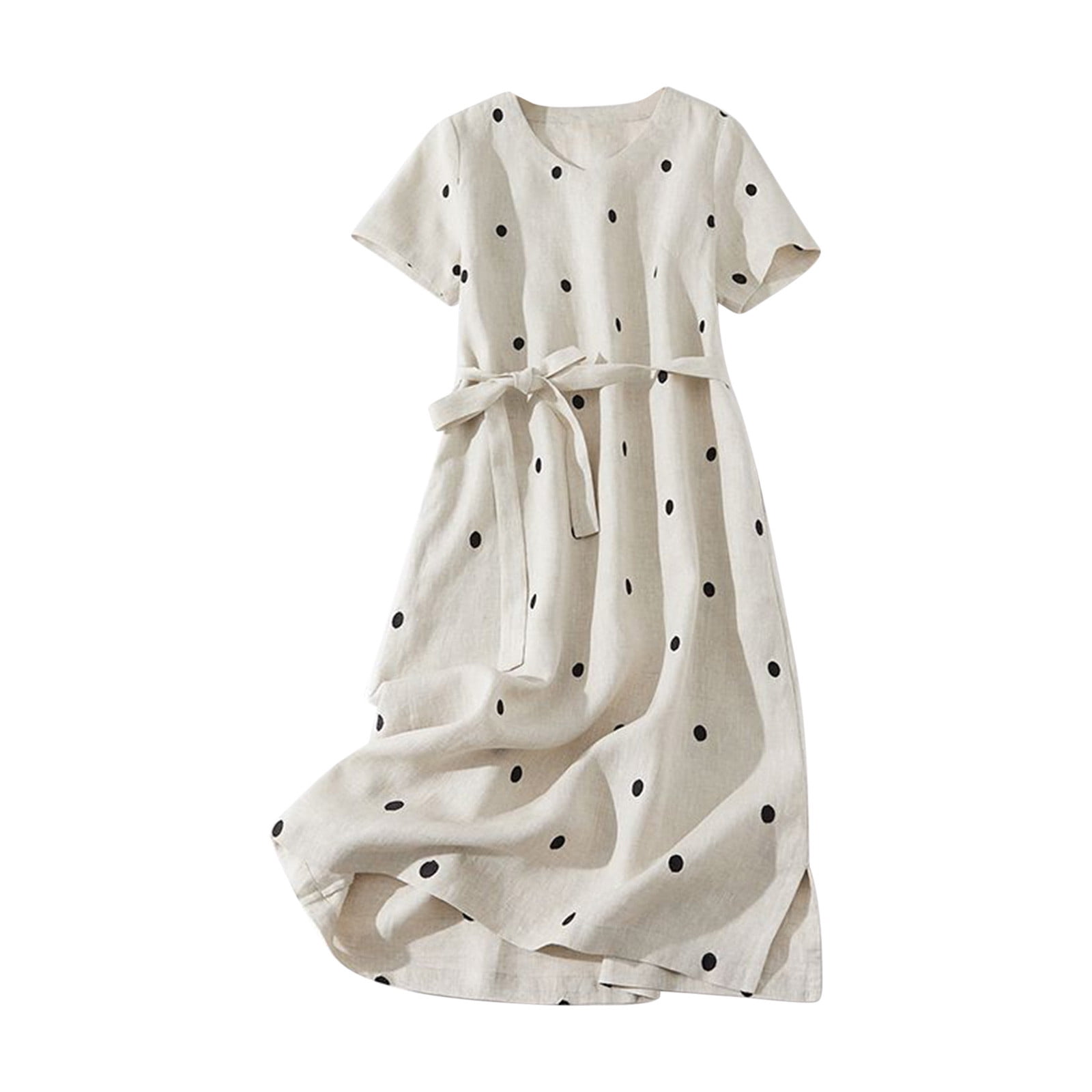 Jerdar Summer Dress Saving! Dresses for Women Retro Cotton Linen Round Neck Wave Dot Print Lace-up Waist Retraction A-line Dress Beige L, Women's, Jerdar Summer Dress Saving! Dresses for Women Retro Cotton Linen Round Neck Wave Dot Print Lace-up Waist Retraction A-line Dress Beige L, Women's,
