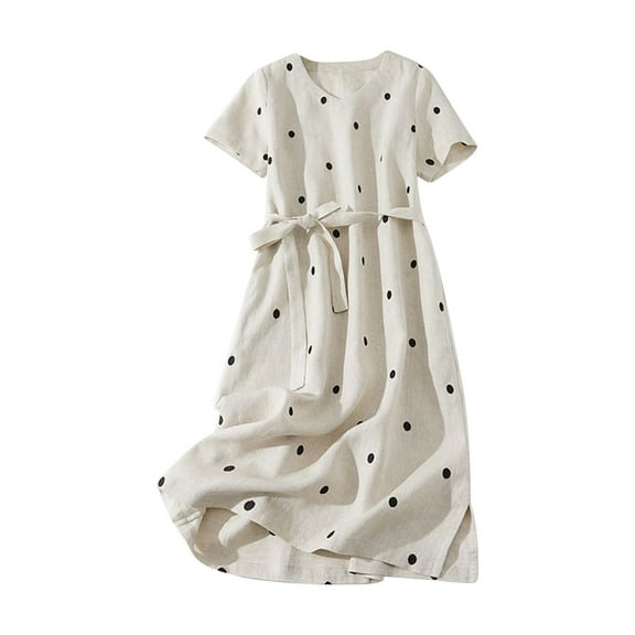 Summer Dress Saving! Dresses for Women Retro Cotton Linen Round Neck Wave Dot Print Lace-up Waist Retraction A-line Dress Beige L