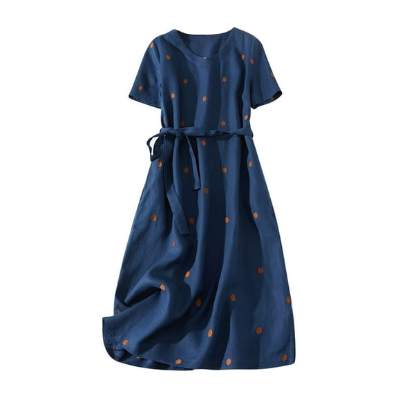 Summer Dress Saving! Dresses for Women Retro Cotton Linen Round Neck Wave Dot Print Lace-up Waist Retraction A-line Dress Blue M