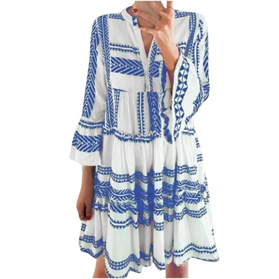 Summer Dress Saving! Dresses for Women Summer Casual V-neck Three-quarter Sleeve Buttons Print Dress Blue M