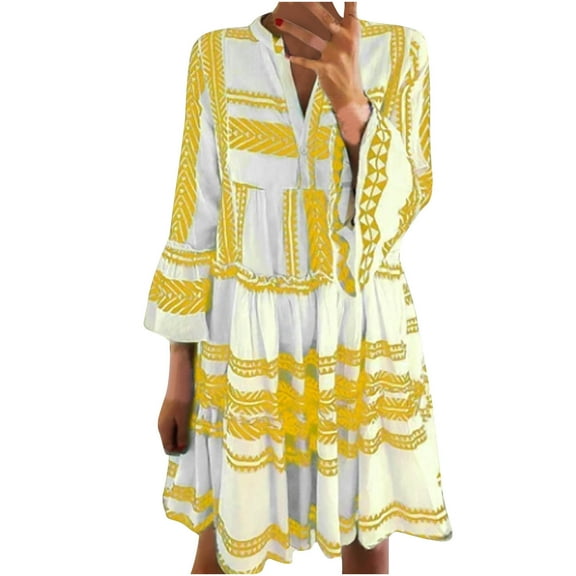 Summer Dress Saving! Dresses for Women Summer Casual V-neck Three-quarter Sleeve Buttons Print Dress Yellow L