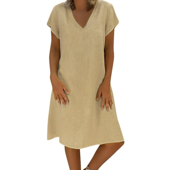 Summer Dress Saving! ITSUN Womens Dresses Loose V-Neck Solid Short Sleeve Cotton Linen Flowing Leisure Dress Khaki 5XL