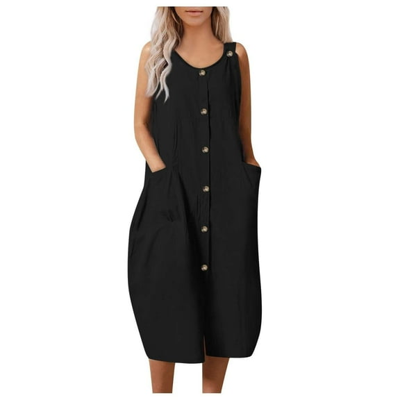 Summer Dress Saving! Jerdar Dress for Women Solid Leisure Pockets Button Cotton Linen Round-Neck Sleeveless Dress Black XL