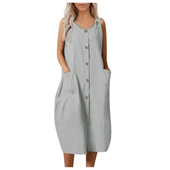 Summer Dress Saving! Jerdar Dress for Women Solid Leisure Pockets Button Cotton Linen Round-Neck Sleeveless Dress Gray M