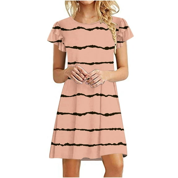 Summer Dress Saving! Women Casual Mini Dresses Ruffle Short Sleeve Cute Round Neck Flowy Dress with Pockets Orange M