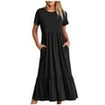 thumbnail image 1 of Summer Dress Saving! Women Casual Short Sleeve Crewneck Dress Flowy Tiered Maxi Beach Dress with Pockets Black XXL, 1 of 5