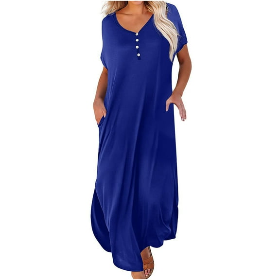 Summer Dress Saving! Women Casual Short Sleeve V Neck Swing Dress Casual Maxi Beach Dress with Pockets Blue M