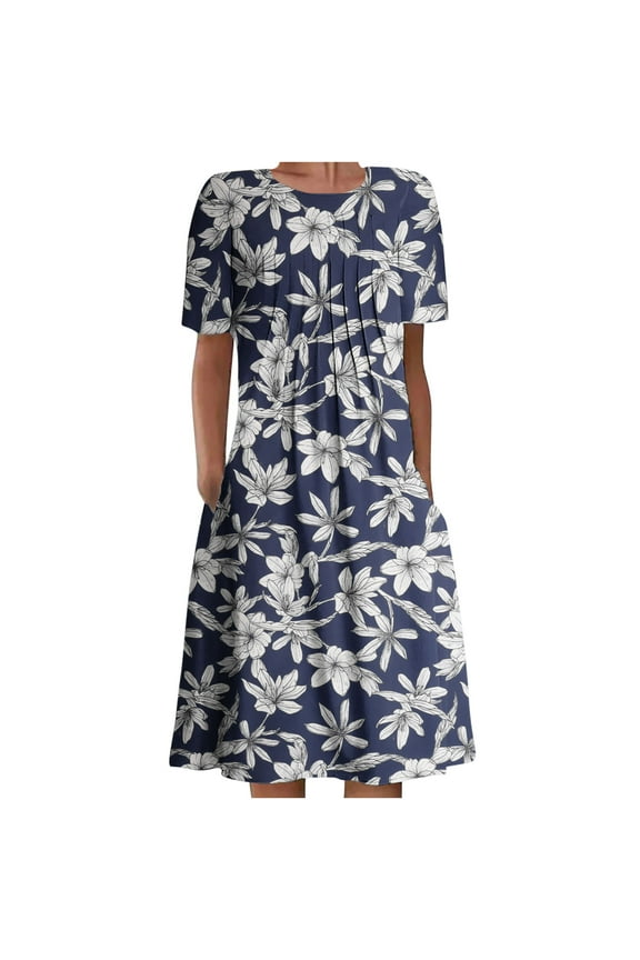 Summer Dress Saving! Women's Casual Plus Size Bohemian Print Short Sleeve Beach Dress Knee Length Dress Dark Blue XXL
