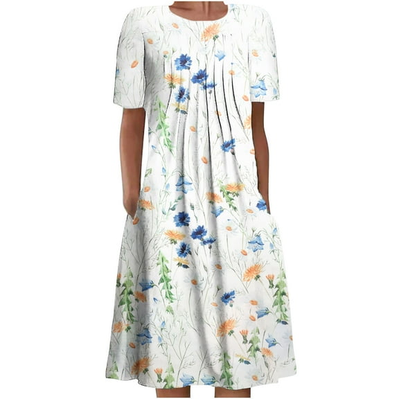 Summer Dress Saving! Women's Casual Plus Size Bohemian Print Short Sleeve Beach Dress Knee Length Dress White M