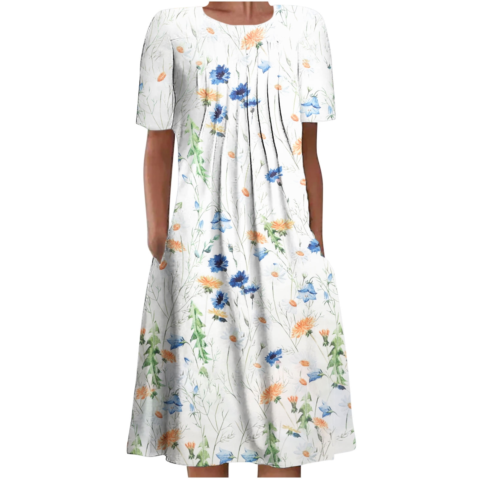 Summer Dress Saving! Women's Casual Plus Size Bohemian Print Short Sleeve Beach Dress Knee Length Dress White XL