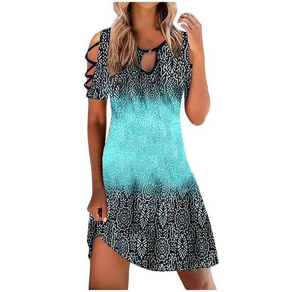Summer Dress Saving! Women's Casual Plus Size Casual Slimming Draw Back Printed Short Sleeves Cold Shoulder Dress Blue L