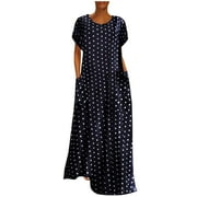 JERDAR Summer Dress Saving! Women's Casual Plus Size Dress Loose Short Sleeve Holiday Pockets Polka Dot Print Maxi Dresses Dark Blue M