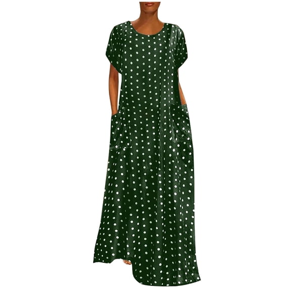 Summer Dress Saving! Women's Casual Plus Size Dress Loose Short Sleeve Holiday Pockets Polka Dot Print Maxi Dresses Green XXL