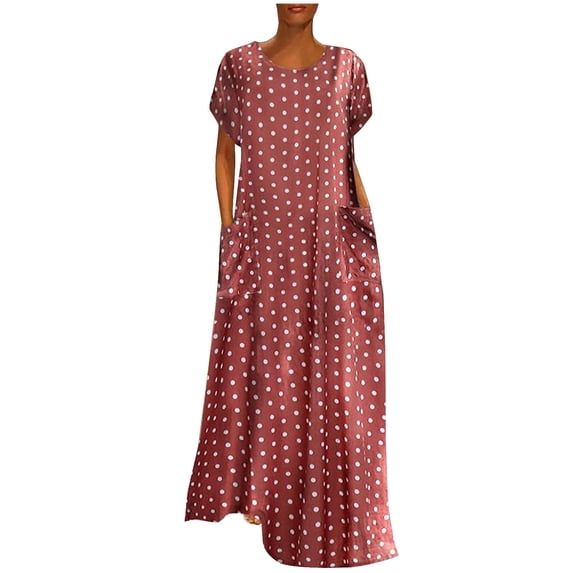 Summer Dress Saving! Women's Casual Plus Size Dress Loose Short Sleeve Holiday Pockets Polka Dot Print Maxi Dresses Pink 5XL