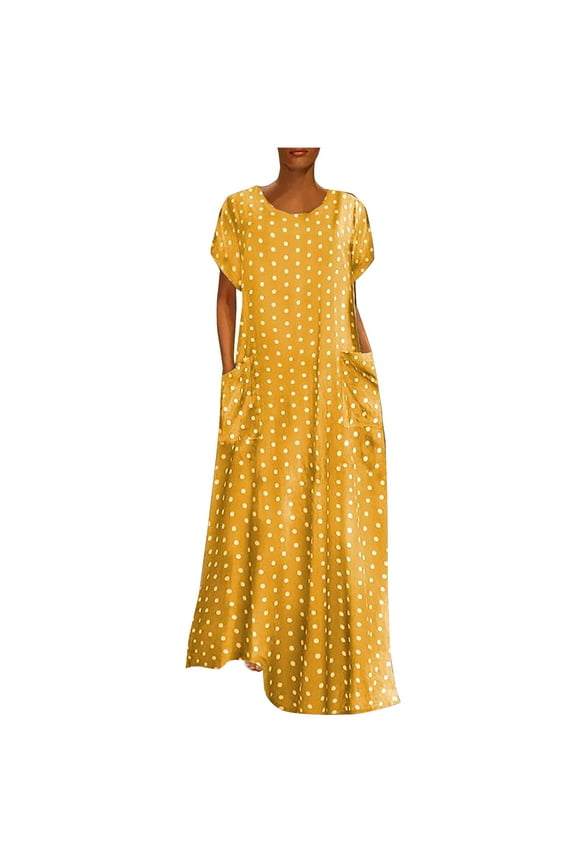 Summer Dress Saving! Women's Casual Plus Size Dress Loose Short Sleeve Holiday Pockets Polka Dot Print Maxi Dresses Yellow 4XL