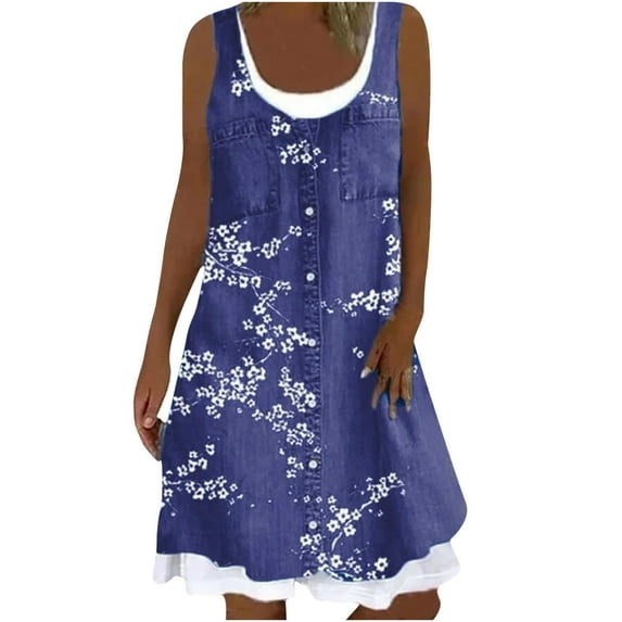 Summer Dress Saving! Women's Casual Plus Size Floral Printing Loose Fake Two-Piece Denim Leisure Dress Dark Blue 5XL