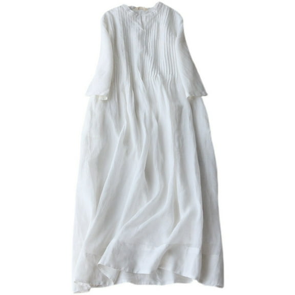 Summer Dress Saving! Women's Casual Plus Size Retro Cotton Linen Double-layer Lace-up Waist Retraction Travel Holiday Dress White XL