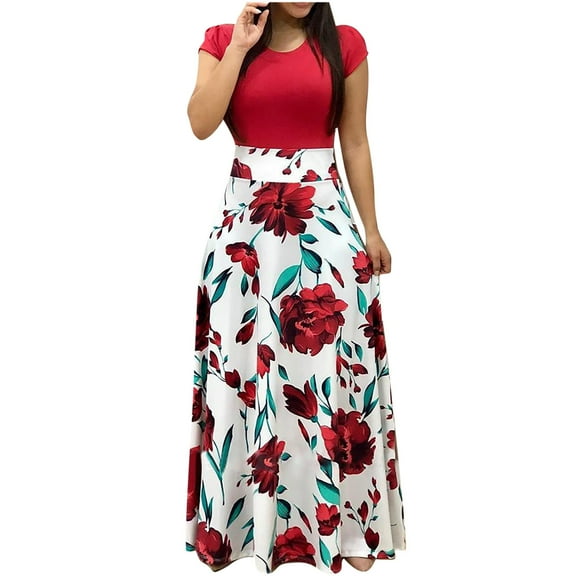 Summer Dress Saving! Women's Casual Plus Size Short Sleeve Floral Boho Printing Long Dress Leisure Dress Red L