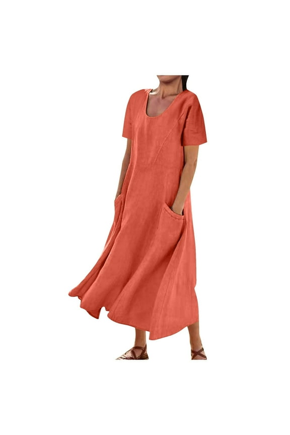 Summer Dress Saving! Women's Casual Plus Size Short Sleeve Solid Soft Leisure Long Dress Orange L